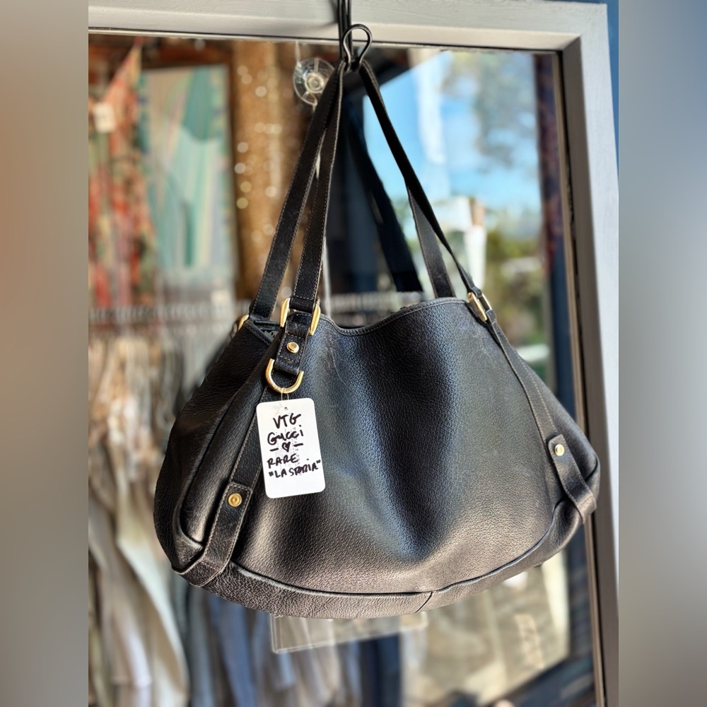 Vintage Gucci Rare Abbey La Storia Black Leather Brass Shoulder Tote Handbag